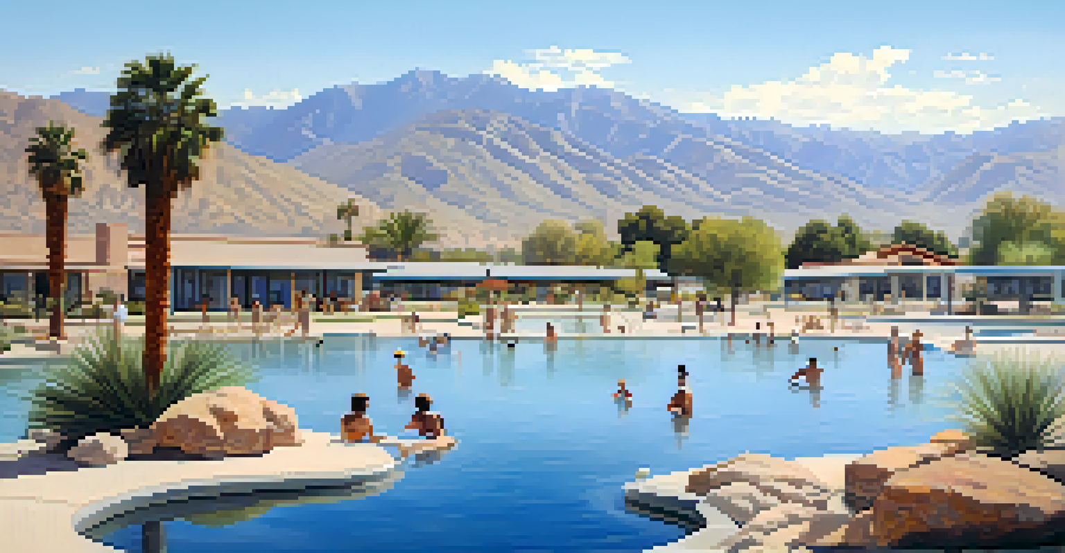 People relaxing in natural hot springs at Desert Hot Springs, with mountains in the background and steam rising from the water.