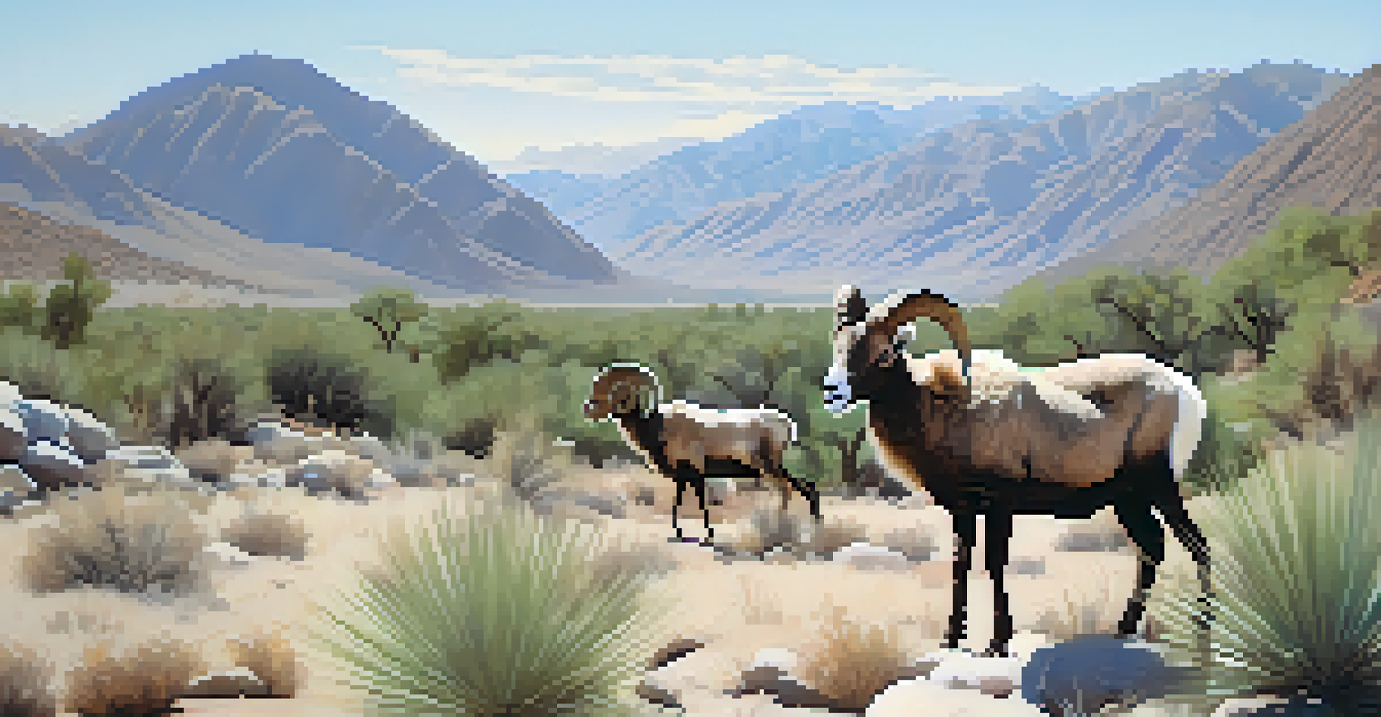 A herd of bighorn sheep grazing on rocky slopes with a clear blue sky and mountains in the background.
