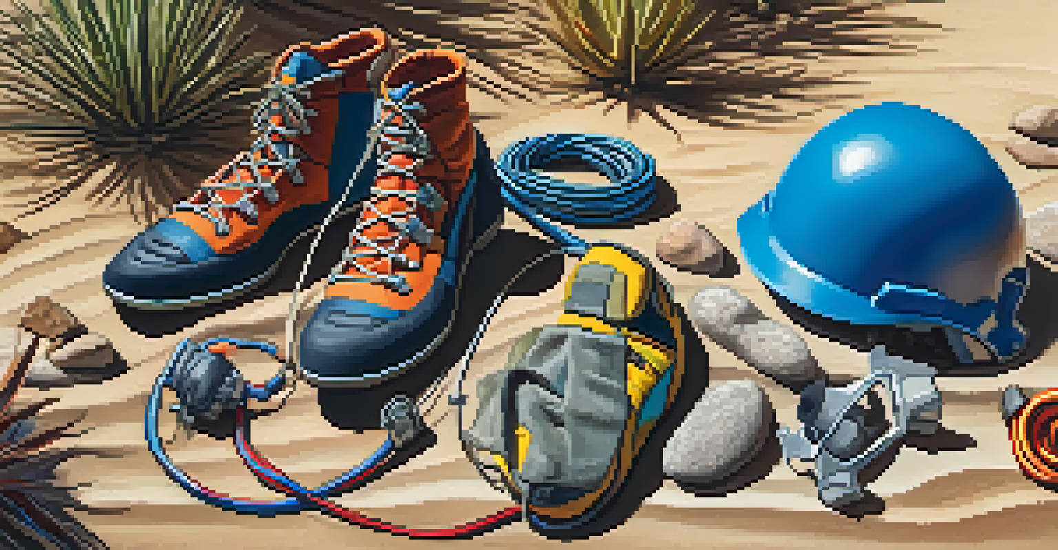 Essential climbing gear including shoes, harness, and chalk bag on a desert floor with plants in the background.