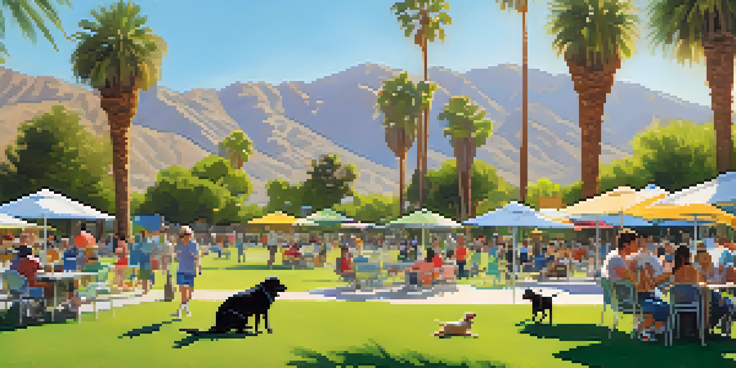 A sunny dog park scene in Palm Springs with various dogs playing and people relaxing in the shade.