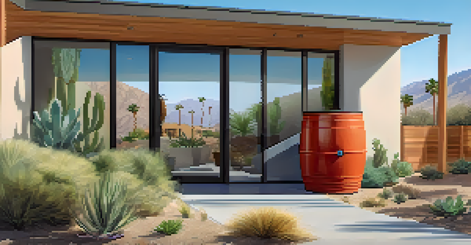 A rainwater harvesting system in a Palm Springs home, with collection barrels and drought-resistant plants under a clear sky.