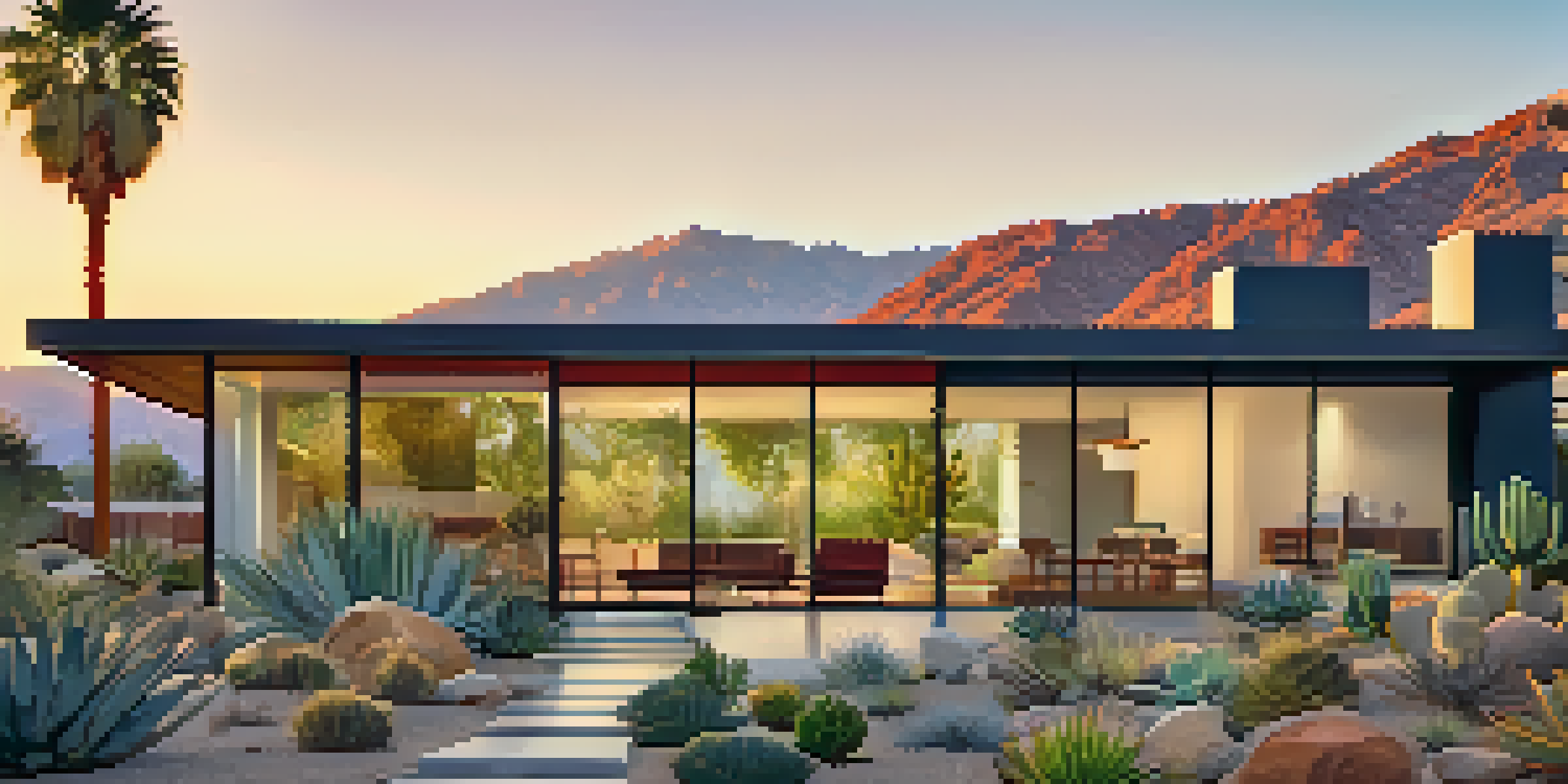 A mid-century modern home with large glass doors leading to a desert landscape, surrounded by minimalist gardens of succulents under a sunset sky.