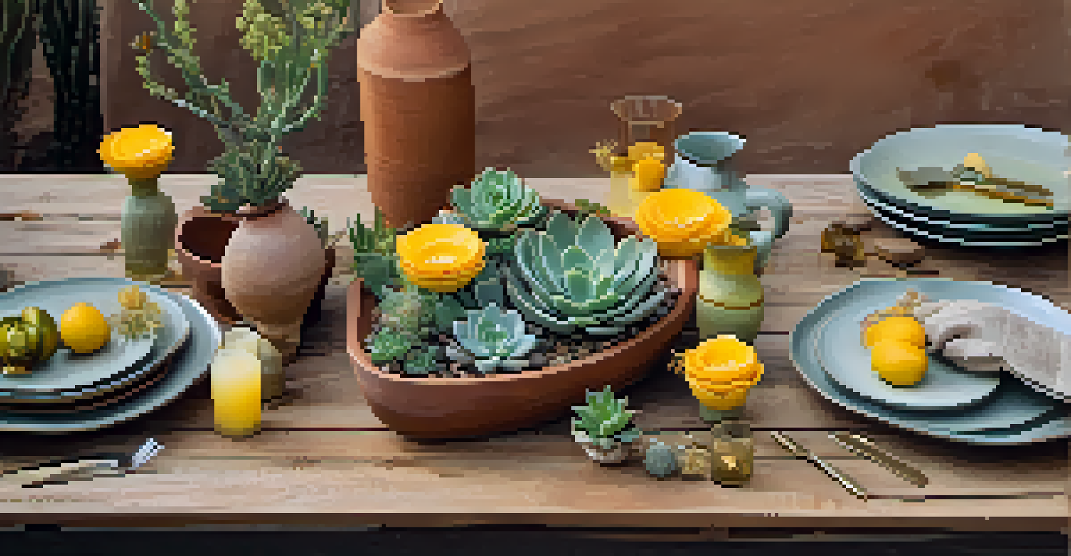 An elegant table setting with terracotta dishes and succulent greens, accented by yellow flowers, showcasing natural textures and warm light.