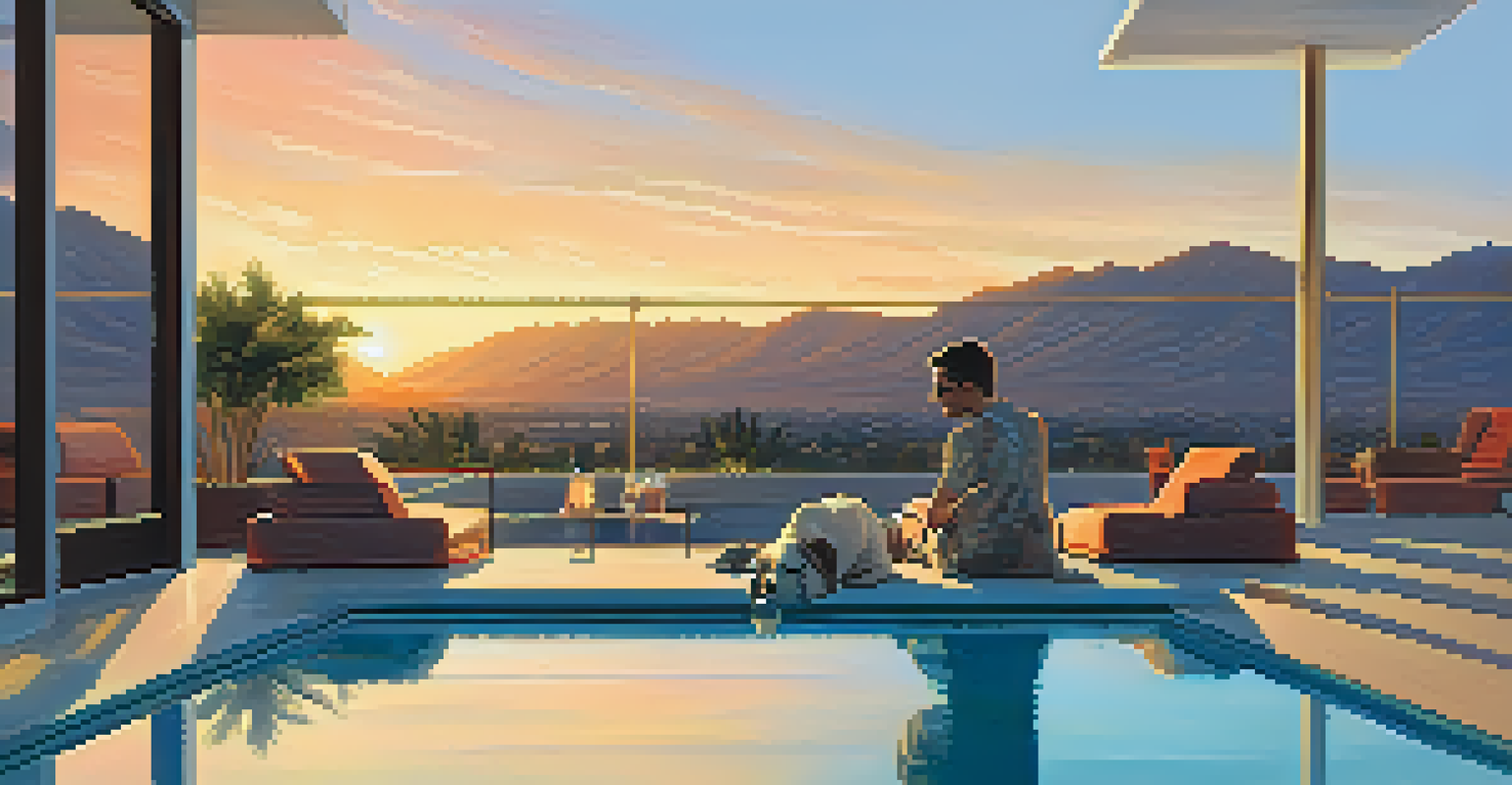 A rooftop pool with a dog resting on a lounge chair, overlooking a beautiful desert sunset.