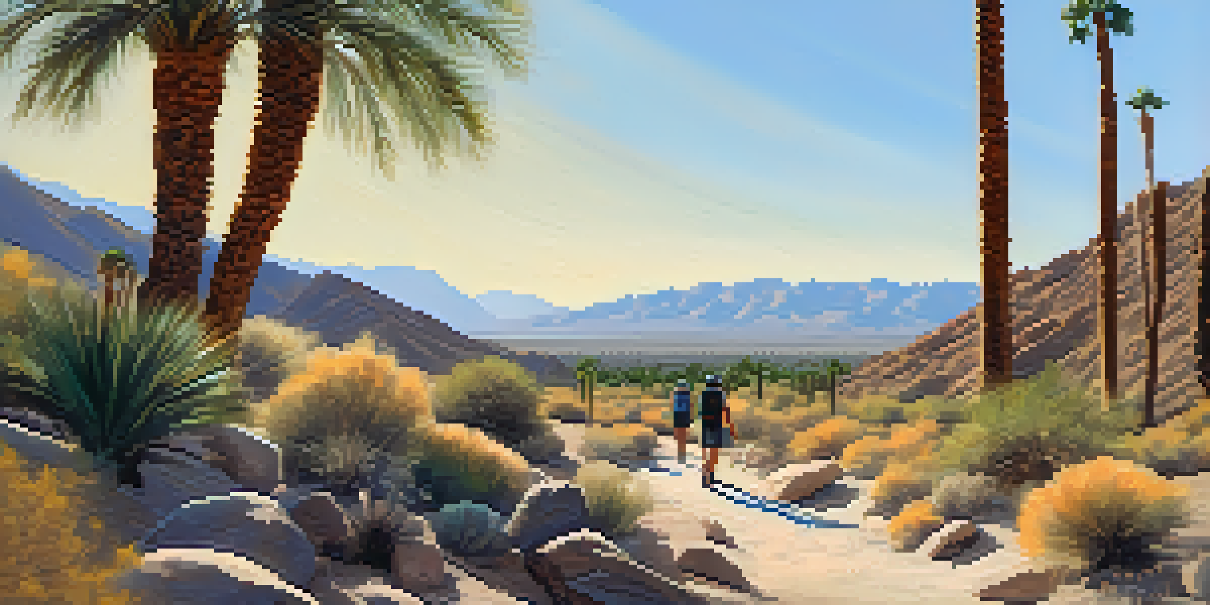 A hiker walking on a sunny trail in Palm Springs, with desert plants and mountains in the background.