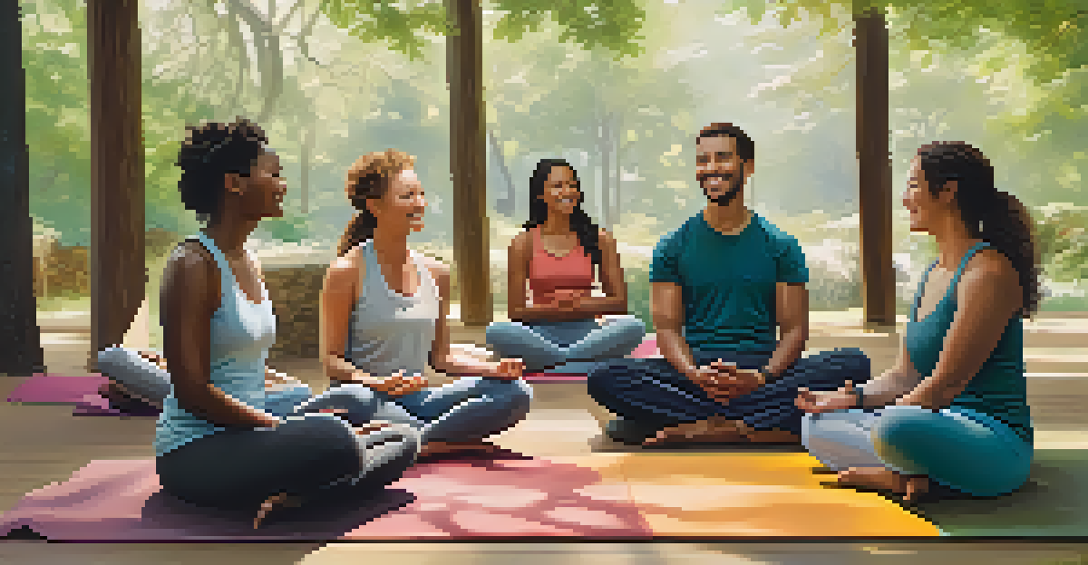 A group of people seated in a circle, discussing their experiences during a yoga retreat in a serene outdoor setting.