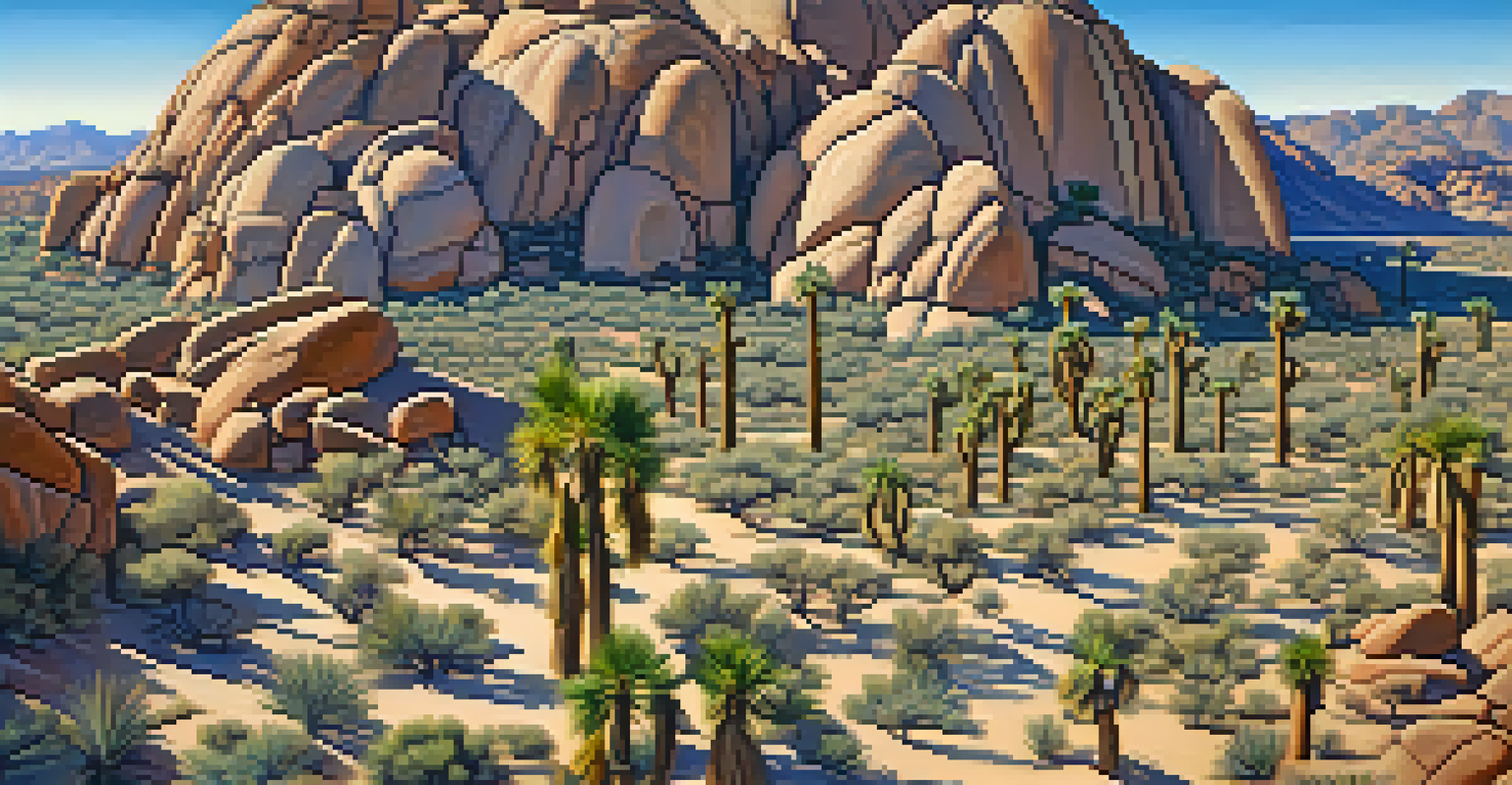 Aerial view of Joshua Tree National Park with climbers on rock formations and Joshua trees scattered throughout the landscape.