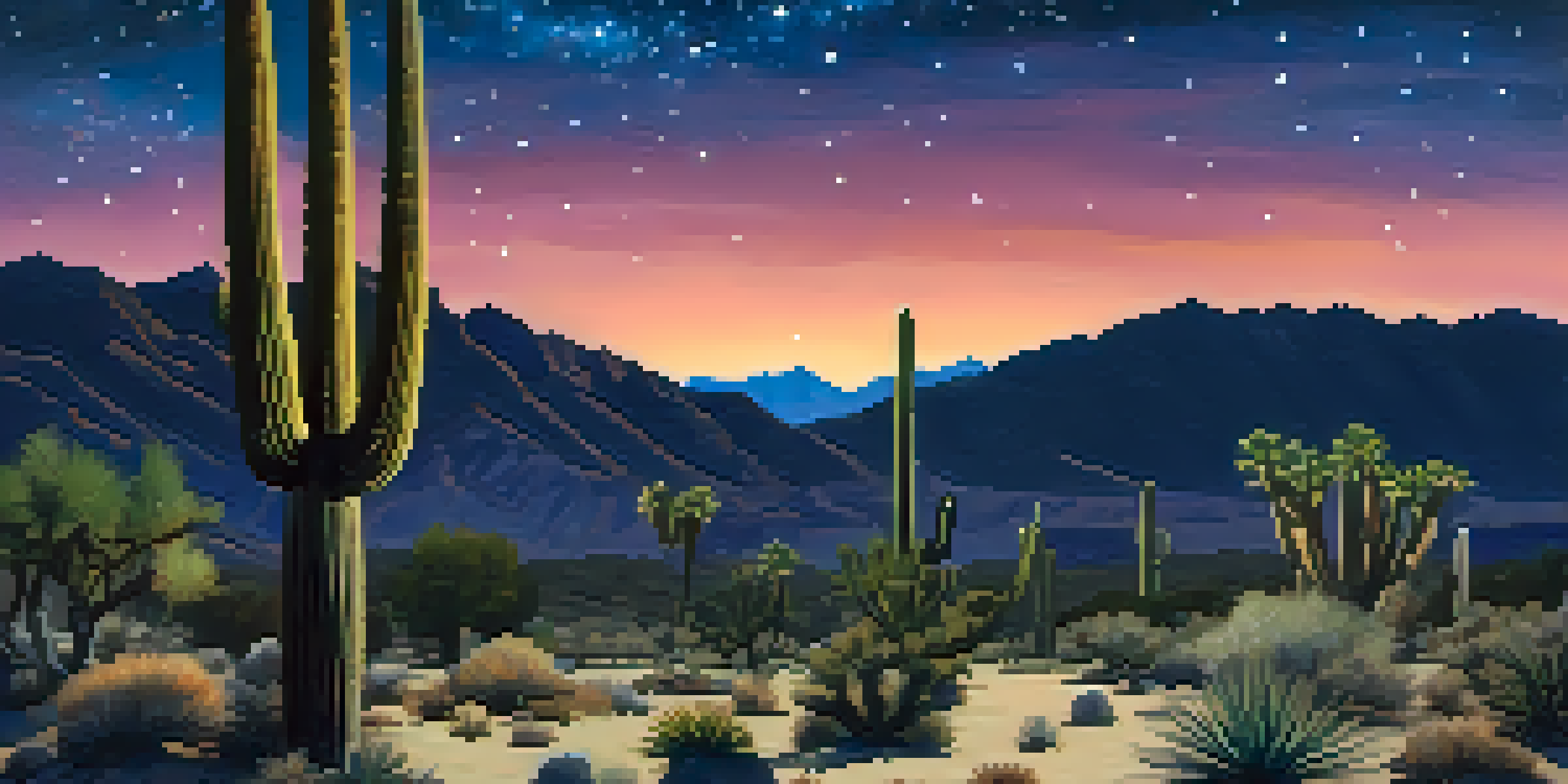 A desert night sky filled with stars and the Milky Way, with cacti and rock formations in the foreground.