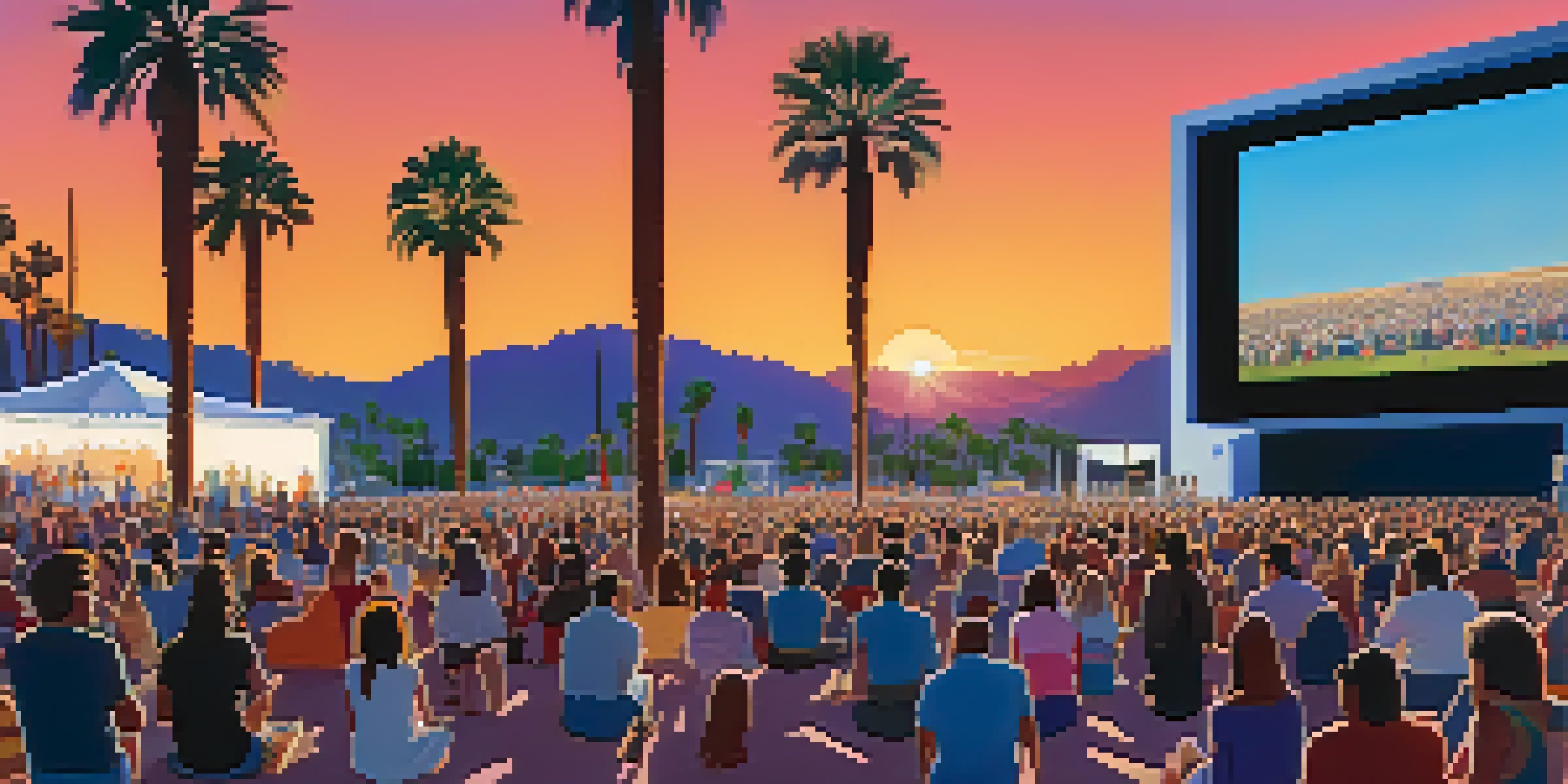 An outdoor film screening at the Palm Springs International Film Festival, with a large screen, palm trees, and a diverse crowd enjoying the movie at sunset.