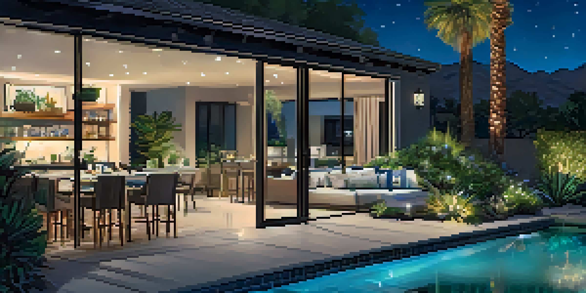 A landscaped backyard in Palm Springs at twilight, with warm lighting around a dining area and a pool, creating a cozy atmosphere.