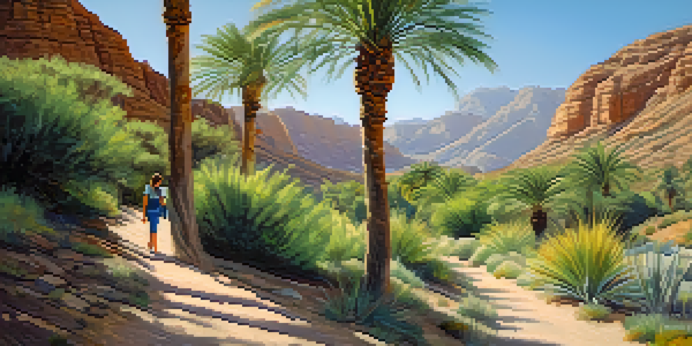 A family walking on a palm-lined trail in Andreas Canyon, surrounded by green foliage and gentle rock formations, with sunlight filtering through the trees.