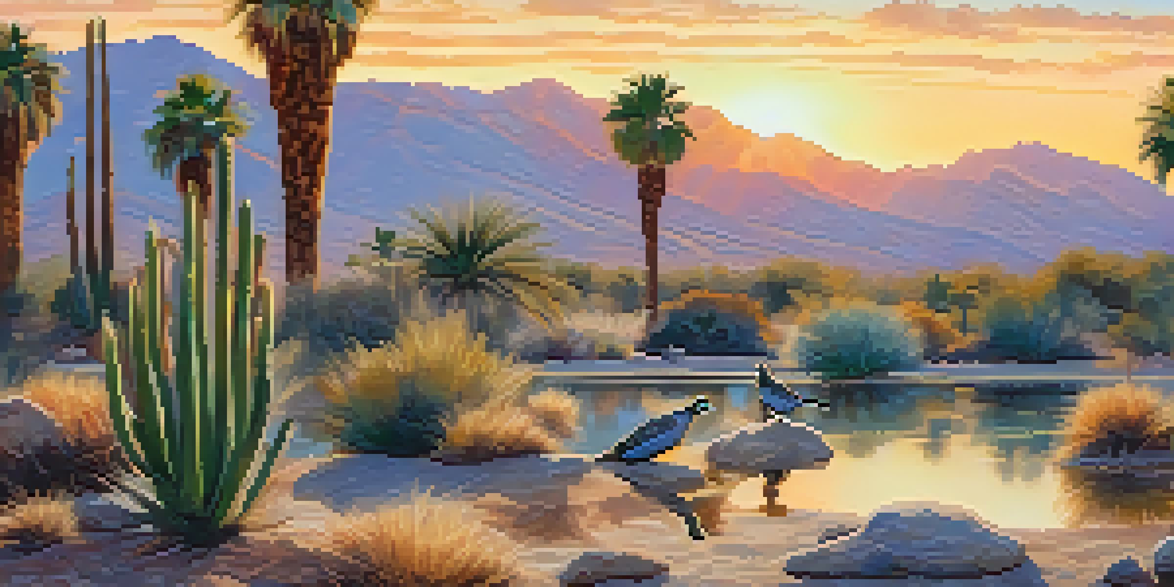 A peaceful morning in Palm Springs with various birds flying against a pastel sky, illuminated by the golden light of sunrise. Cacti and palm trees are in the foreground, and a pond reflects the colors of the sky.