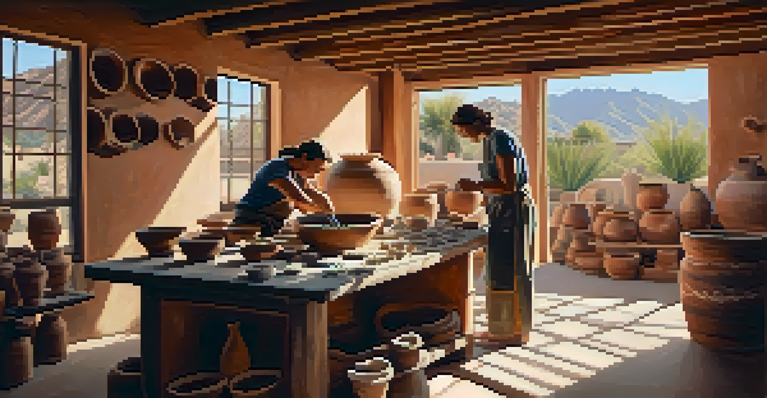 A potter shaping clay in a bright studio filled with handcrafted pottery, showcasing the textures and warm colors of the environment.