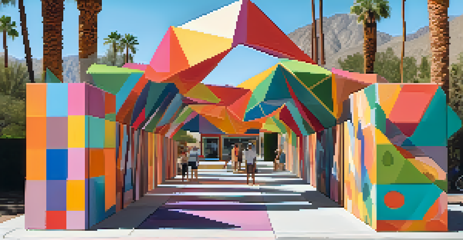 A colorful interactive art installation in Palm Springs, surrounded by greenery and people engaging with the artwork.