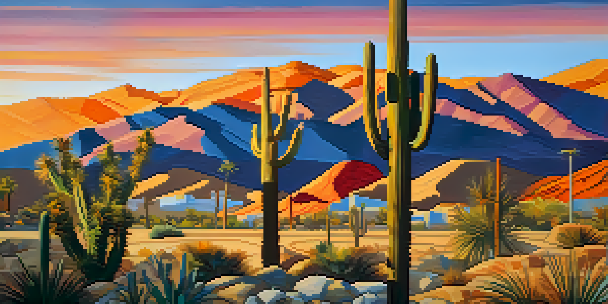 A colorful mural showcasing the desert landscape of Palm Springs, featuring cacti and abstract designs under a sunset sky.