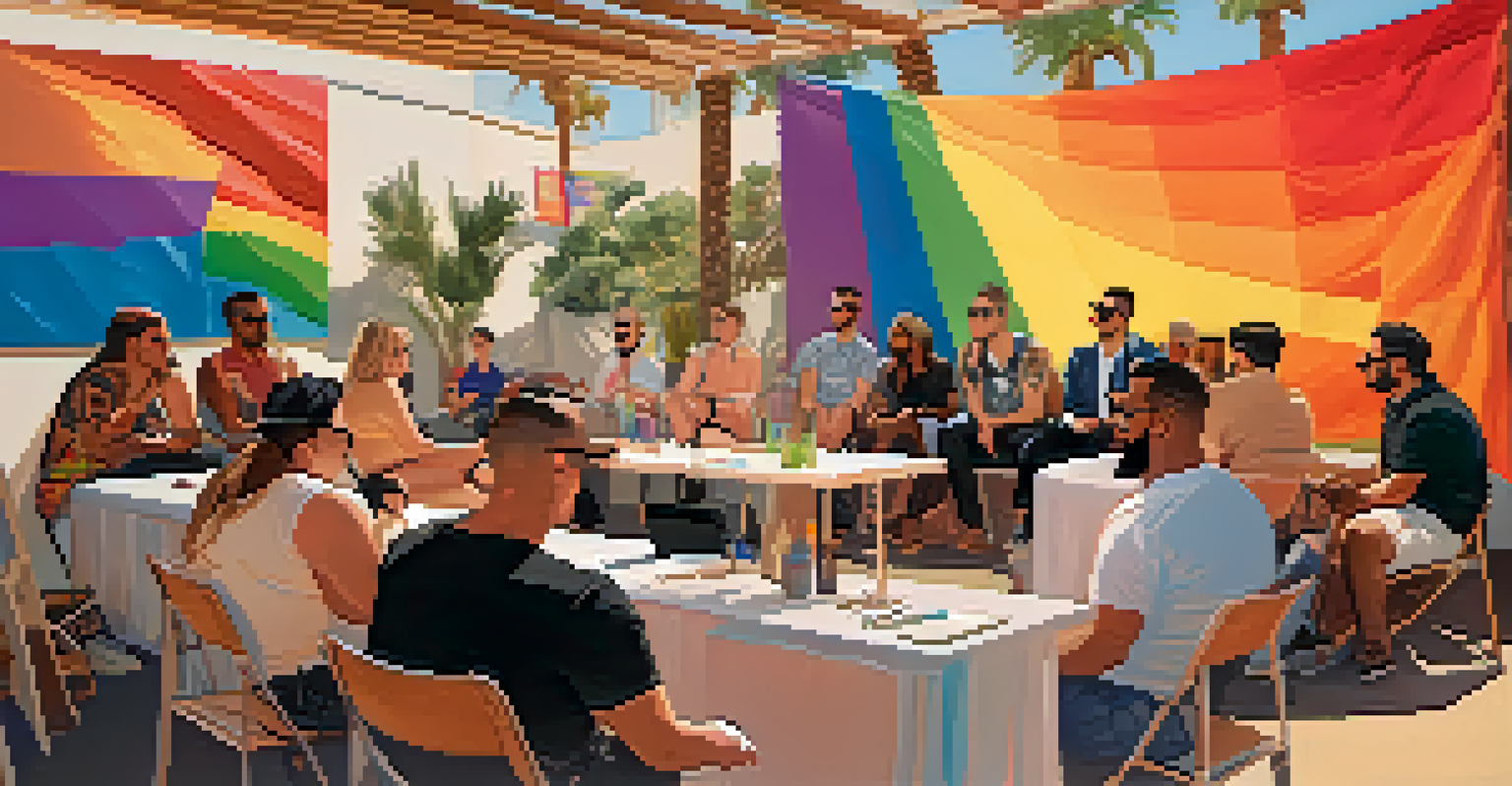 A panel discussion at Palm Springs Pride with speakers and an engaged audience, surrounded by colorful banners and warm lighting.