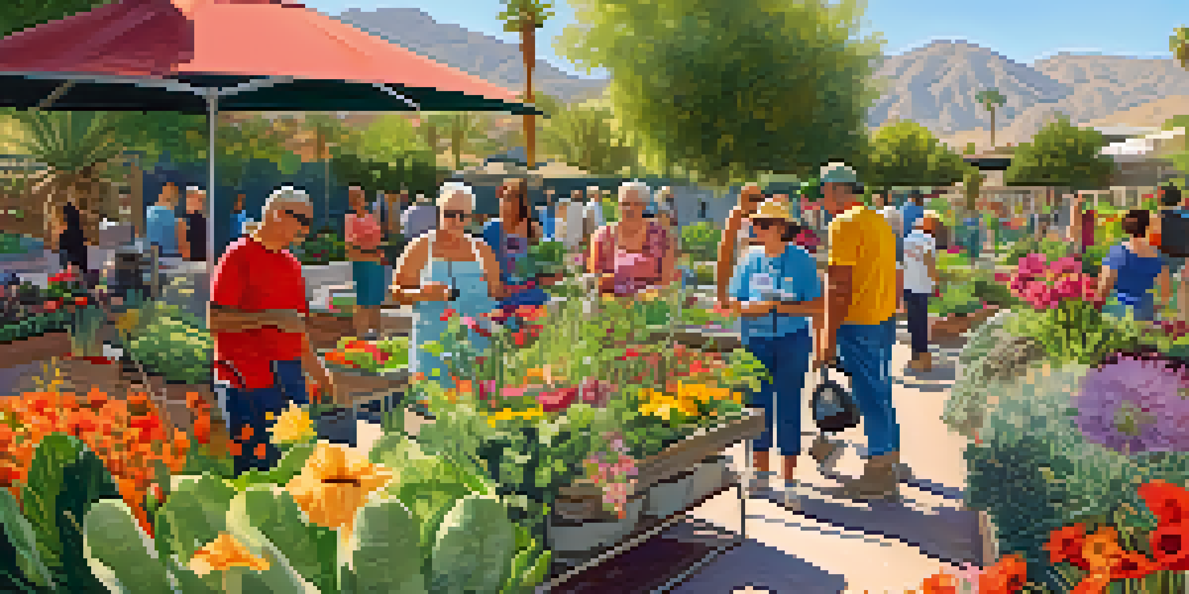 A lively community garden with families tending to their plants, surrounded by colorful flowers and vegetables under the sunlight.