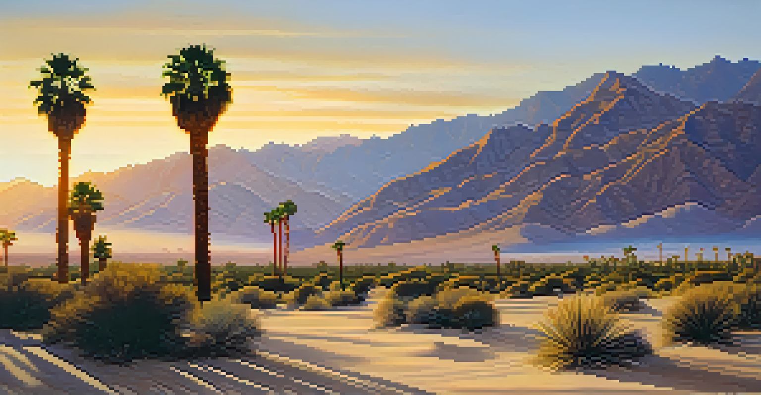 A realistic desert landscape painting with mountains and palm trees under a golden sunset sky.