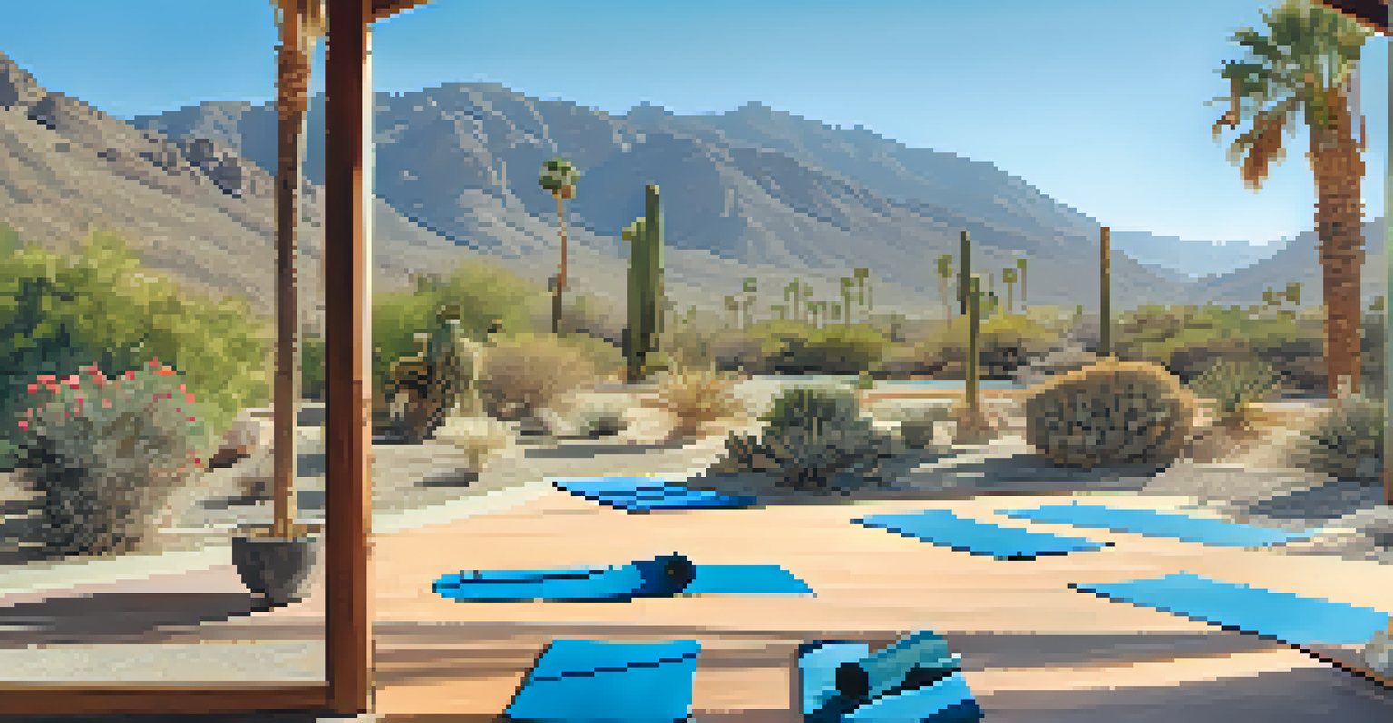 An outdoor yoga studio with mats arranged in a circle against a desert backdrop in Palm Springs.