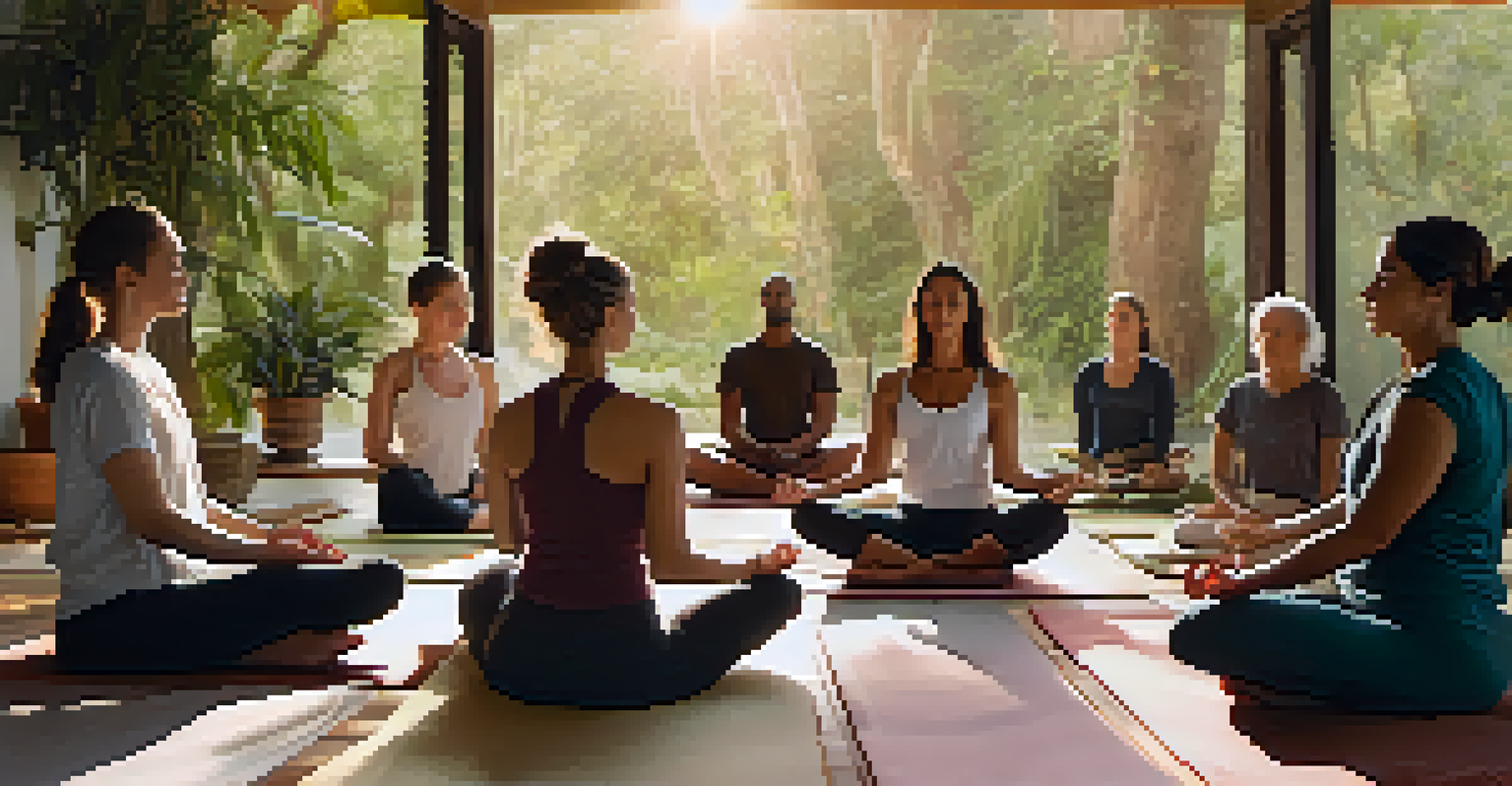 A diverse group meditating in a circle during a yoga retreat, surrounded by candles and plants, in a warm and calming environment.