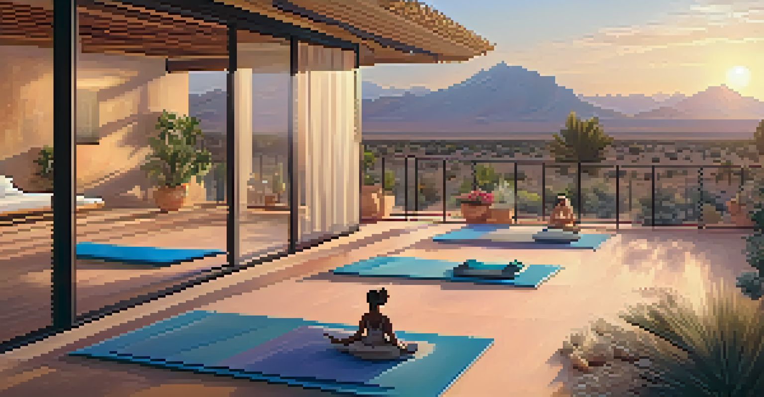 A group of guests practicing yoga on a terrace at sunrise, overlooking a tranquil desert landscape at a boutique hotel.