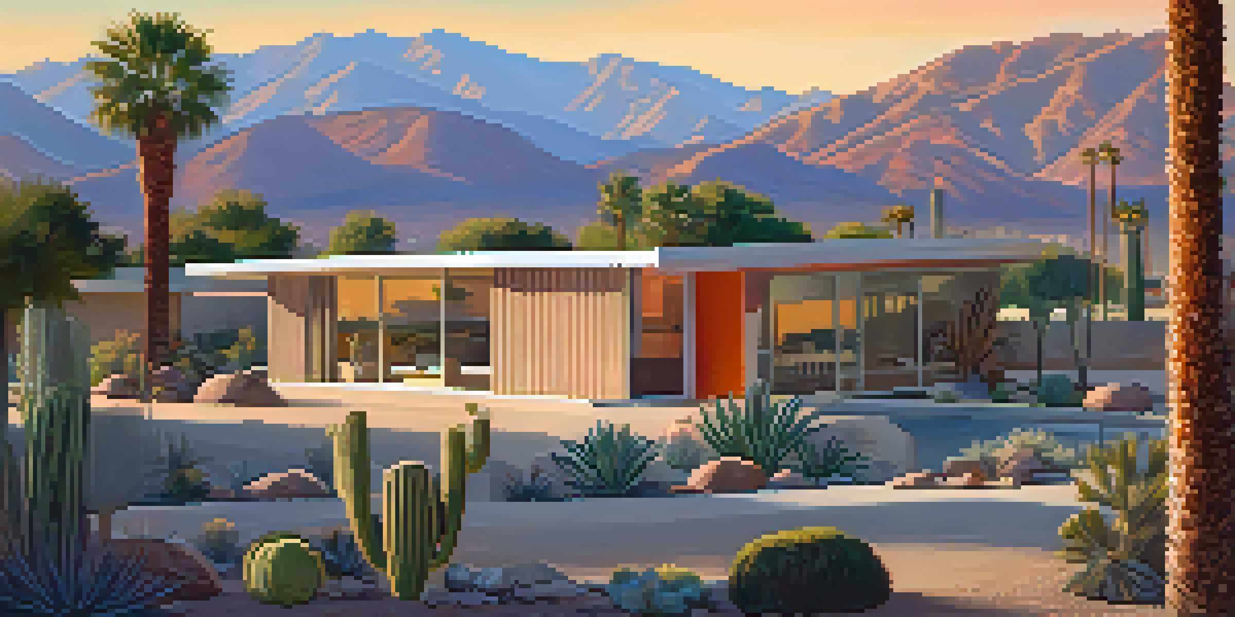 A panoramic view of Palm Springs with mid-century modern buildings and mountains in the background during golden hour.