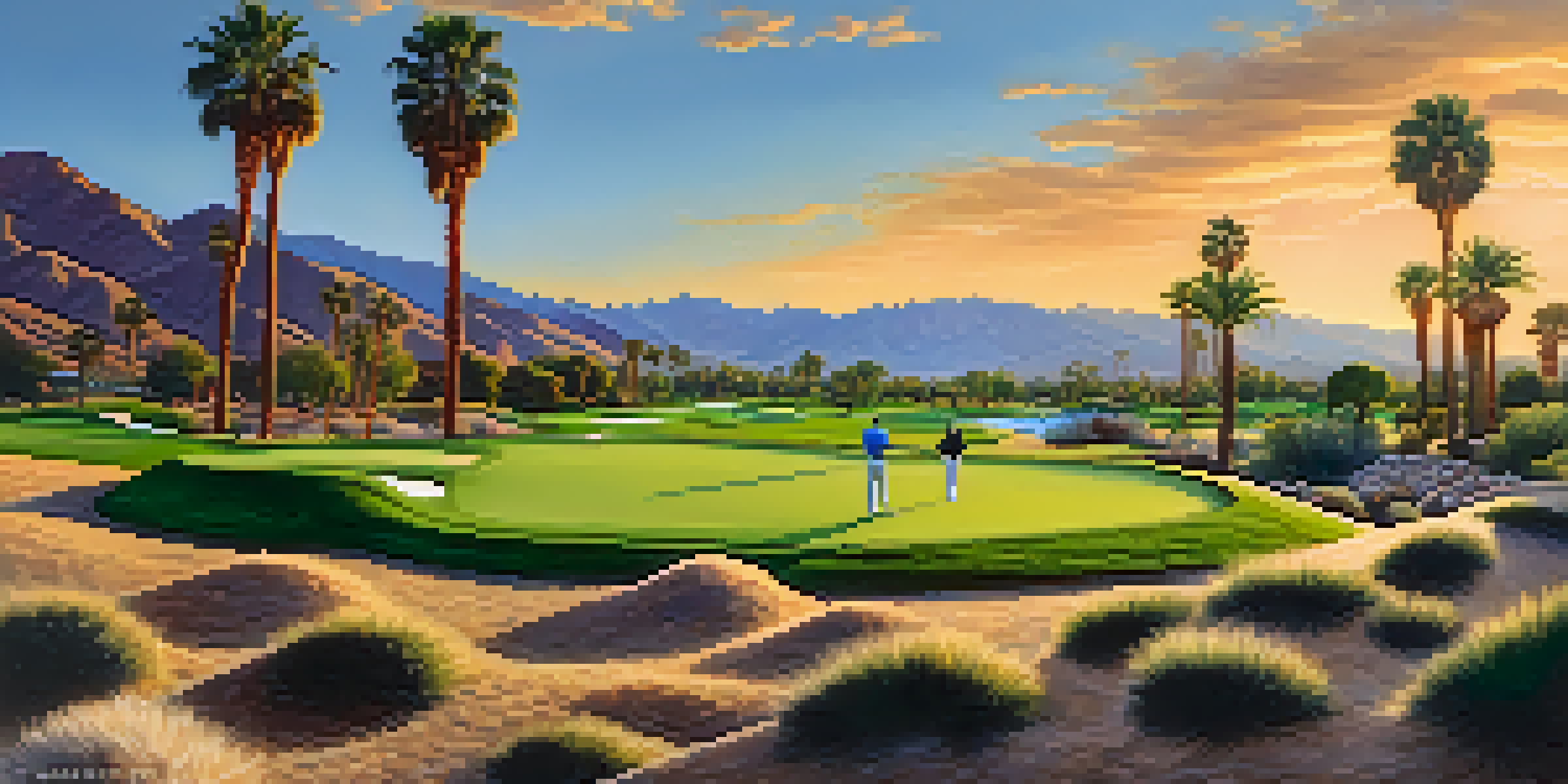 A scenic golf course in Palm Springs with mountains in the background, a golfer preparing to putt, and a sunset casting a warm glow.