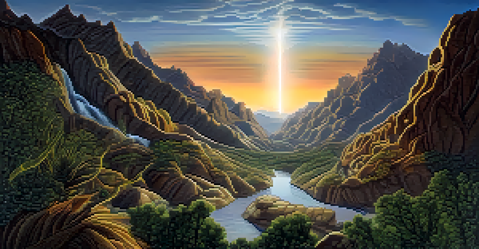 An artistic depiction of the Cahuilla creation myth with a glowing spirit shaping mountains and rivers, surrounded by wildlife.