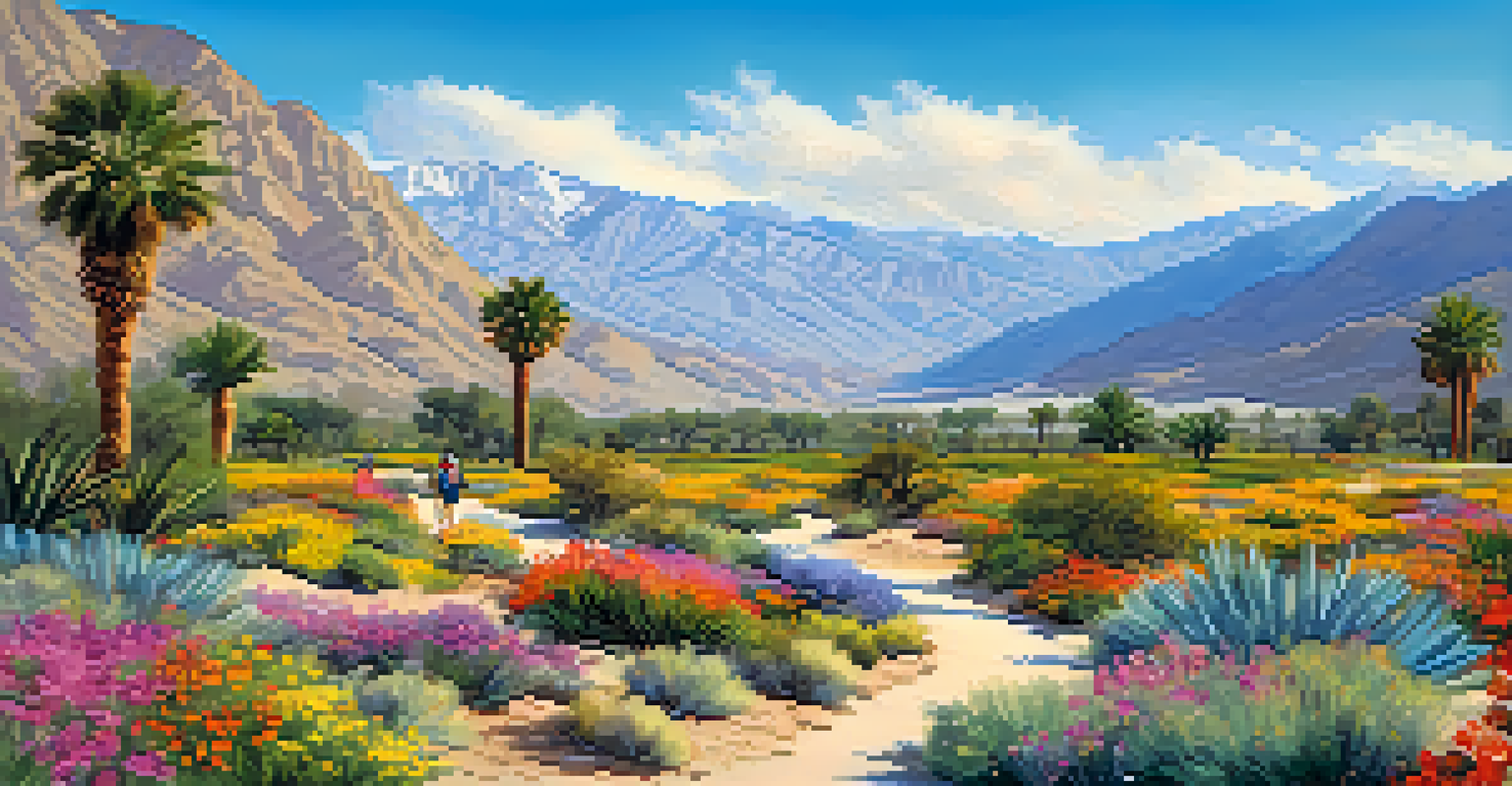A view of the San Jacinto Mountains with hiking trails and blooming wildflowers in Palm Springs.