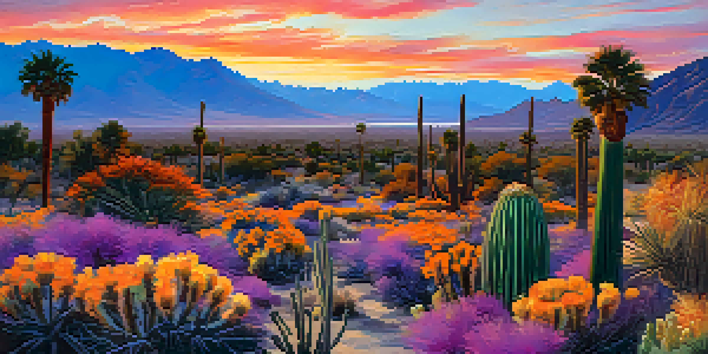 A stunning sunset over the Palm Springs desert with mountains and palm trees silhouetted against a fiery sky.