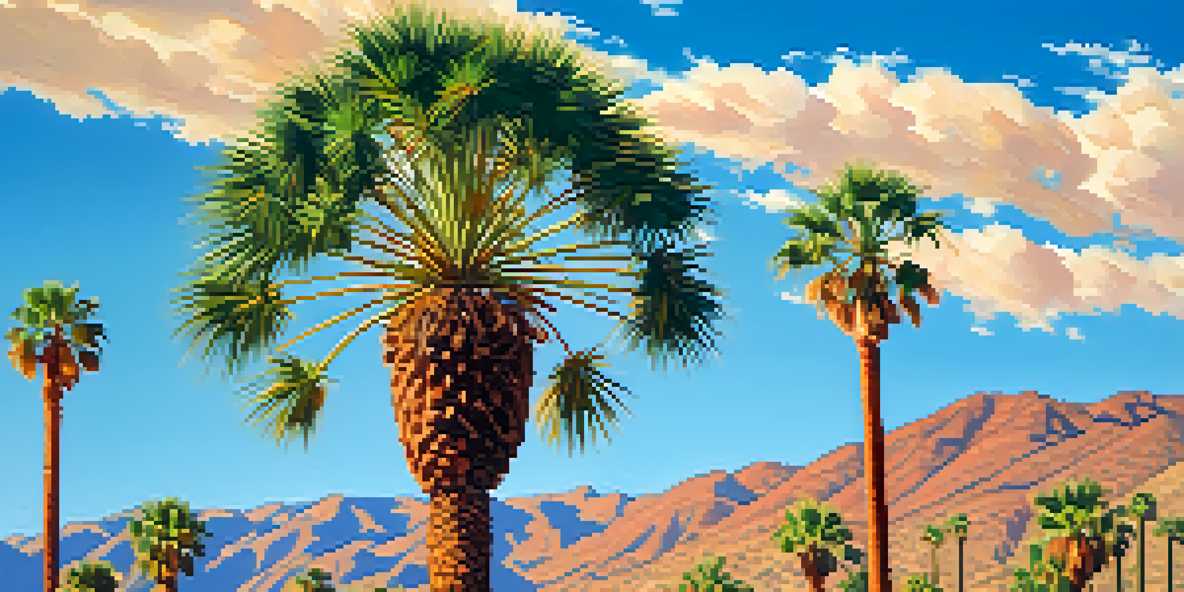 A sunny desert landscape in Palm Springs with a tall California Fan Palm and colorful wildflowers in the foreground.
