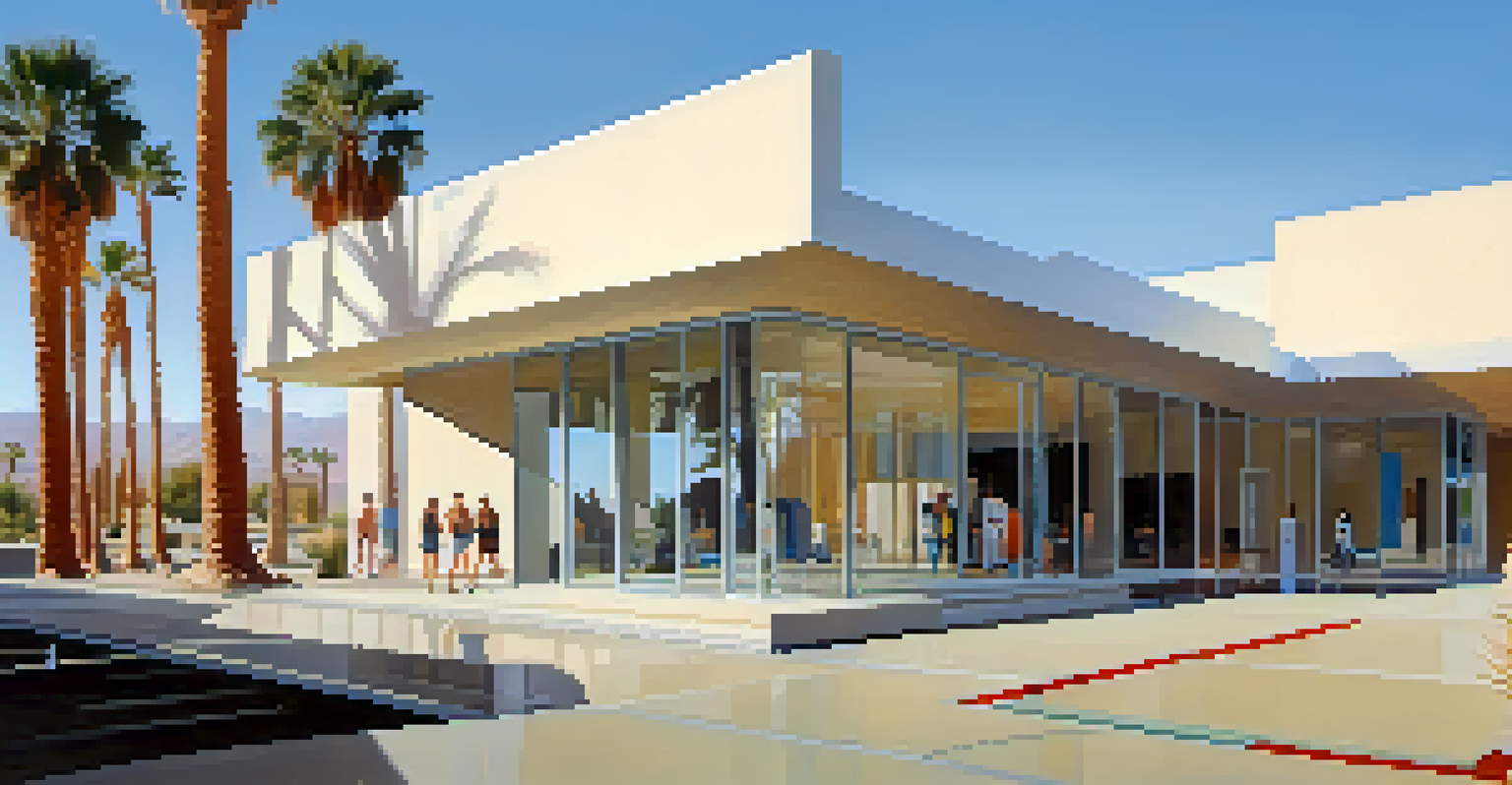 The Palm Springs Art Museum with a clean-lined modernist design and reflections of palm trees in the glass.