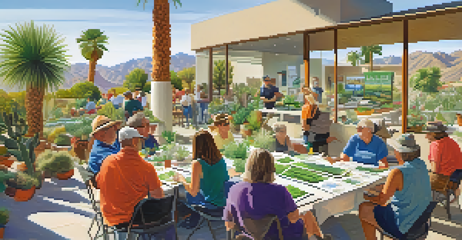 Residents participating in a community workshop in Palm Springs, discussing water conservation with colorful posters in the background.
