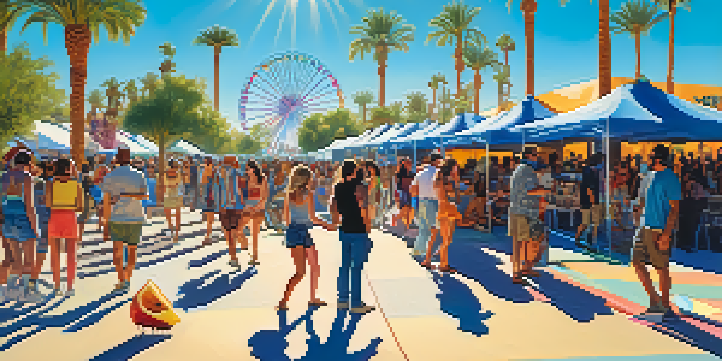 A lively festival scene with a diverse crowd enjoying music and art installations, surrounded by palm trees and bright blue skies.