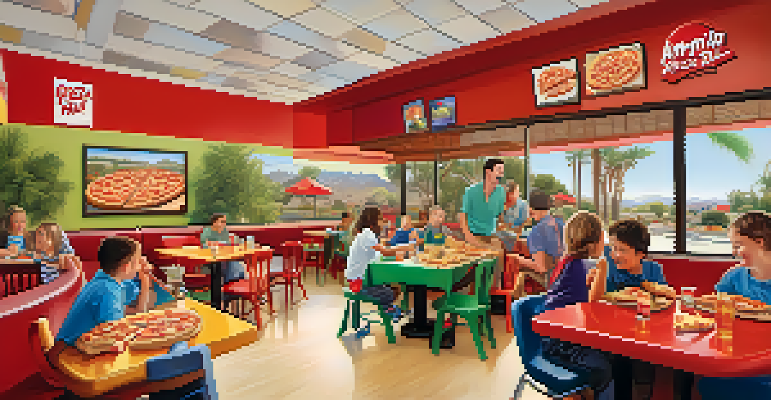 Families dining at a colorful pizza restaurant with children playing in a vibrant play area.