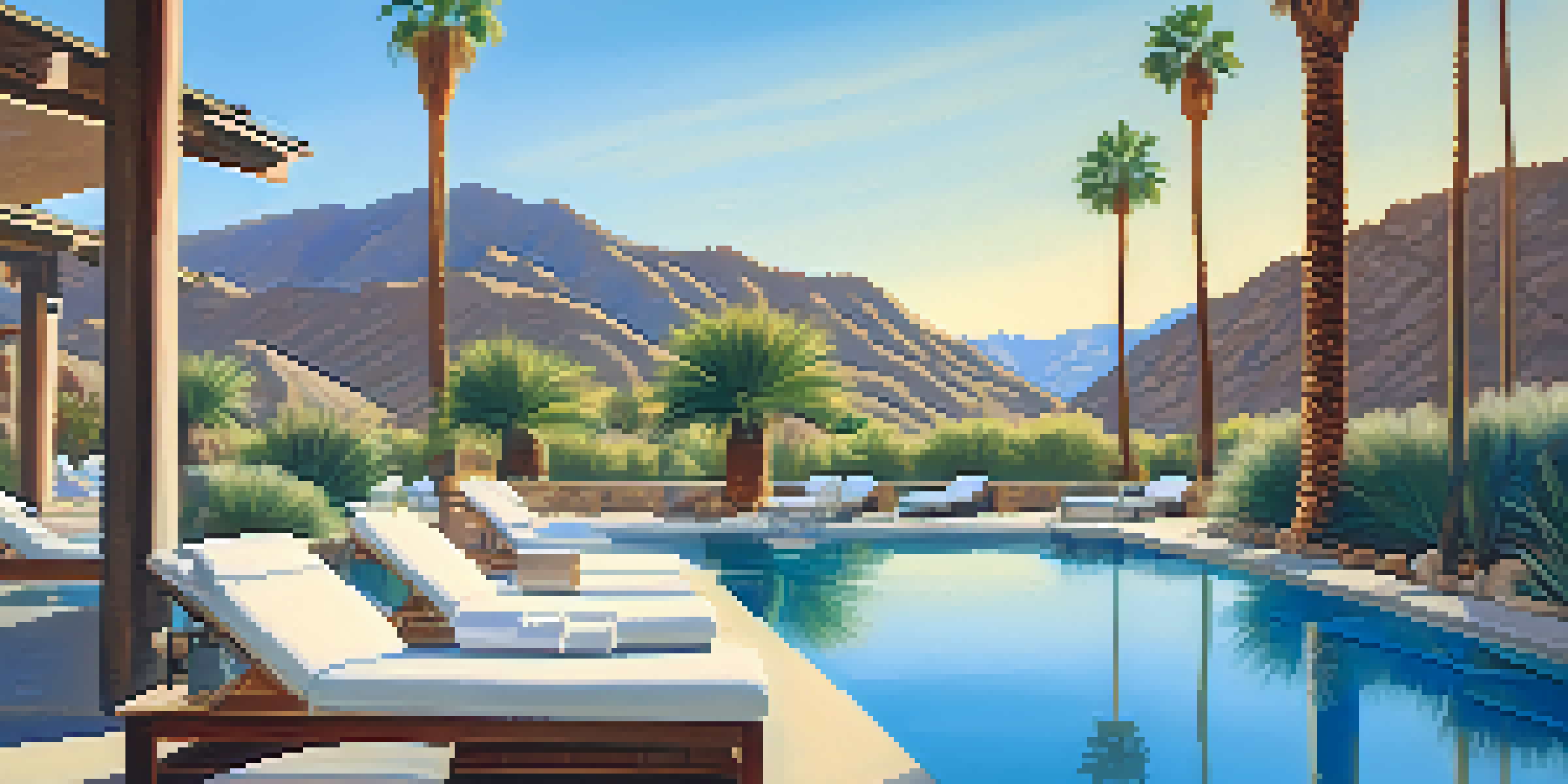 A serene outdoor hot spring spa surrounded by palm trees and mountains in Palm Springs, illuminated by warm sunlight.