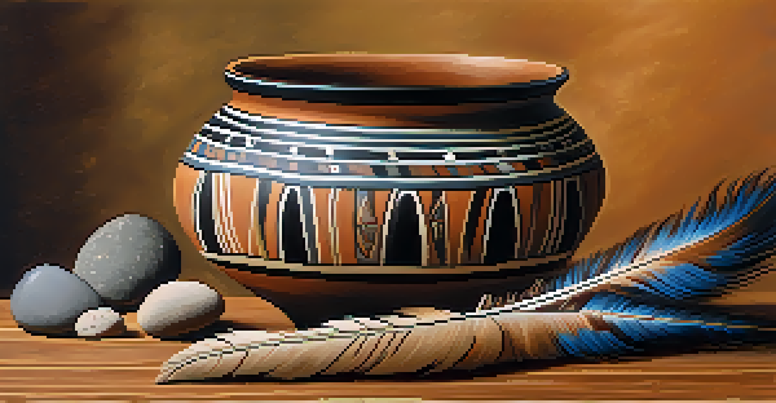 A close-up view of intricately designed Native American pottery on a wooden table with natural elements.