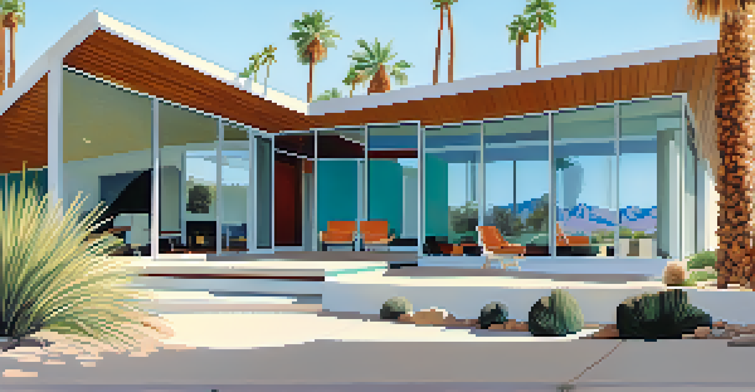 Mid-century modern homes in Palm Springs set against a desert backdrop, featuring clean lines and large glass windows.