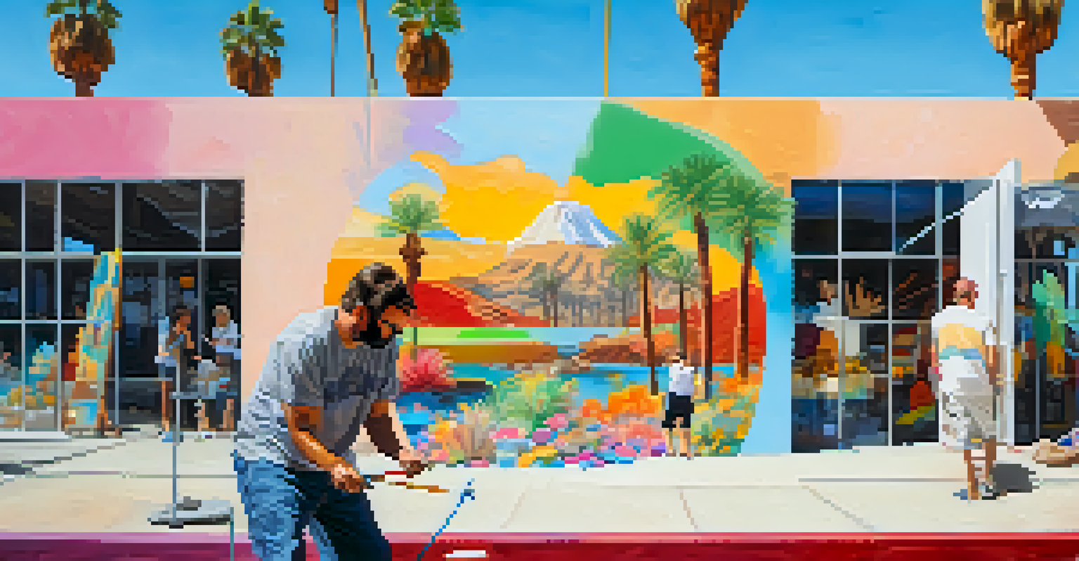A local artist painting a mural at the Palm Springs Art Walk, with spectators nearby.