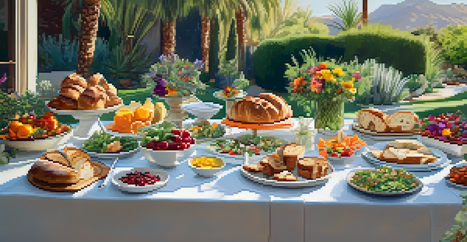 A table filled with colorful culinary dishes made from fresh local ingredients, set in a sunlit garden, emphasizing the farm-to-table concept.