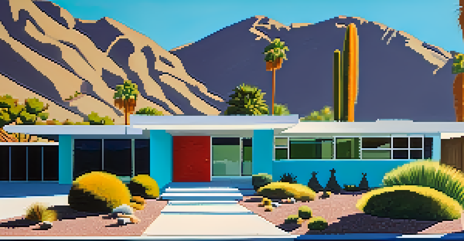 A colorful mid-century modern home in Palm Springs, showcasing its architectural beauty against a bright blue sky.