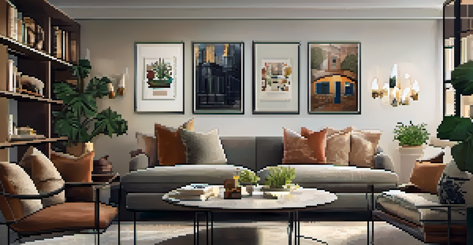 A cozy interior with a curated art collection on the walls and warm lighting enhancing the artworks.
