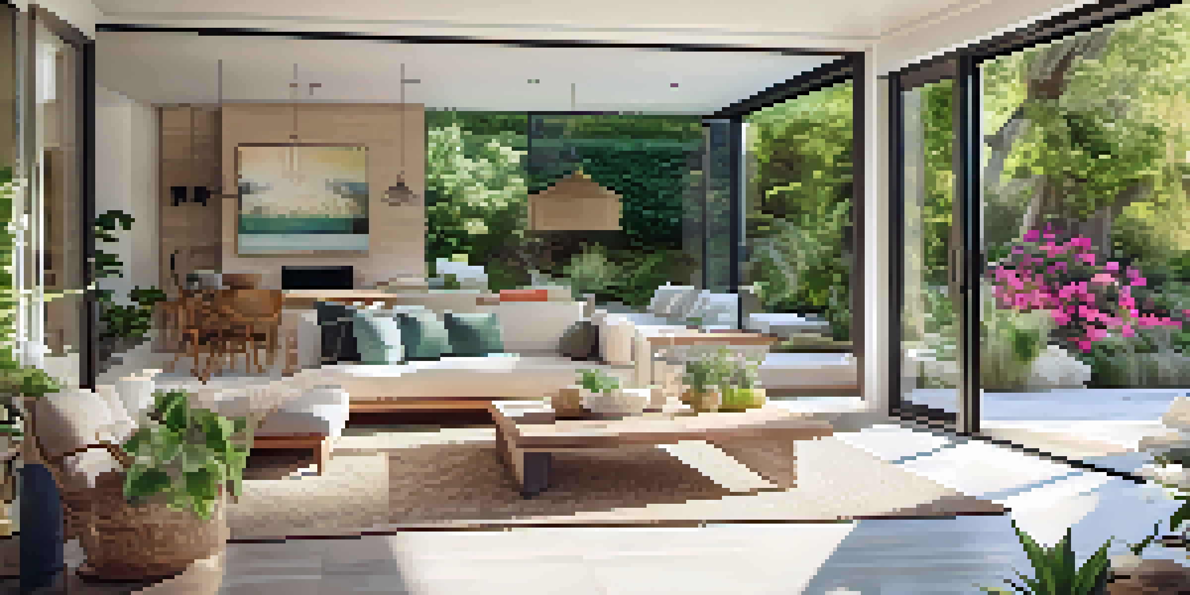 A spacious living area with large glass doors leading to a vibrant patio, filled with greenery and colorful flowers, illuminated by sunlight.