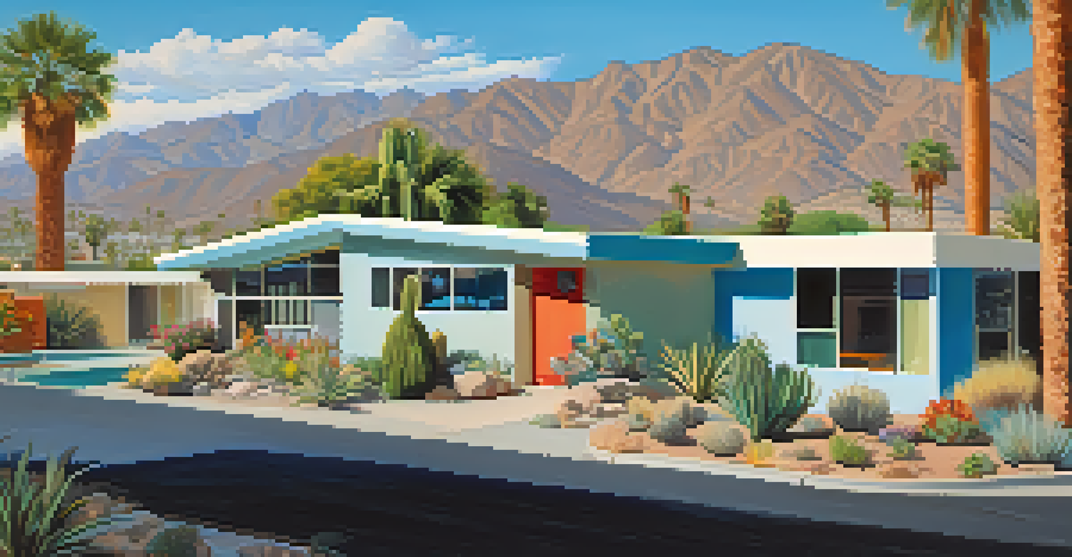 A modern view of Palm Springs featuring mid-century modern homes and desert plants, with residents engaging in outdoor activities against a mountain backdrop.