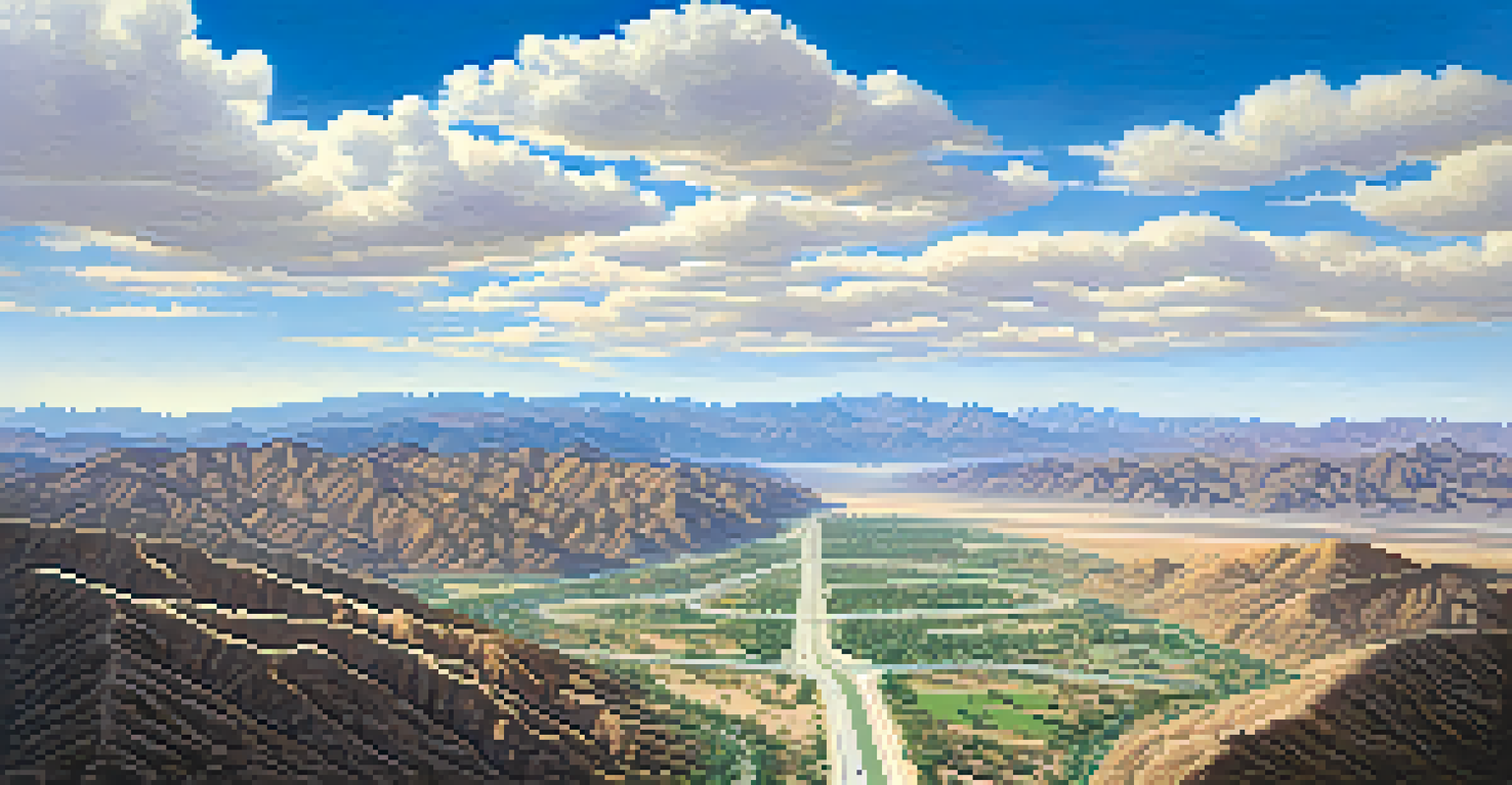 Aerial view of Highway 74 with winding roads through mountains, showing contrasting landscapes of desert and green pines under a bright blue sky.