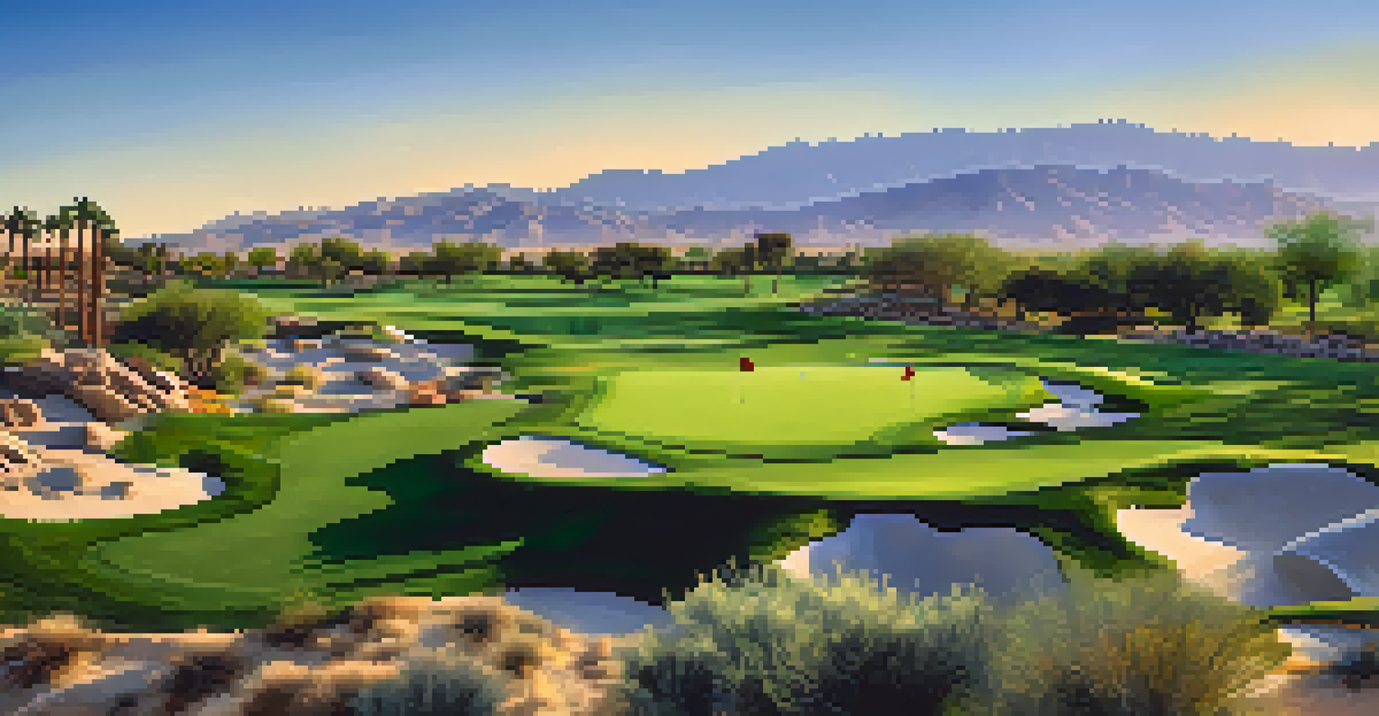 An aerial view of the Toscana Country Club with golfers on the course, surrounded by desert landscape and modern course design.