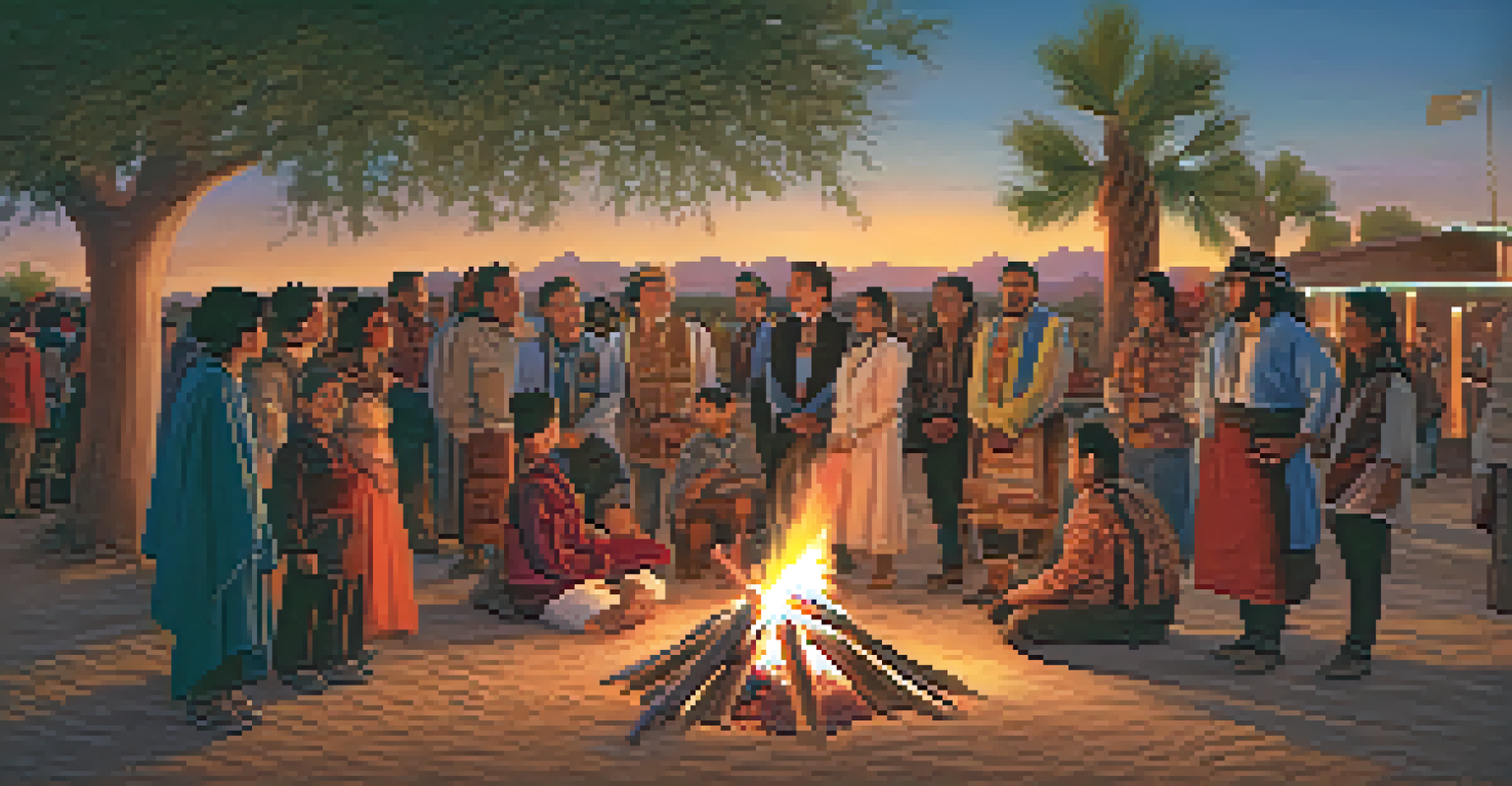 A group of people in traditional attire celebrating around a bonfire in a desert setting, with colorful decorations and a starry sky.