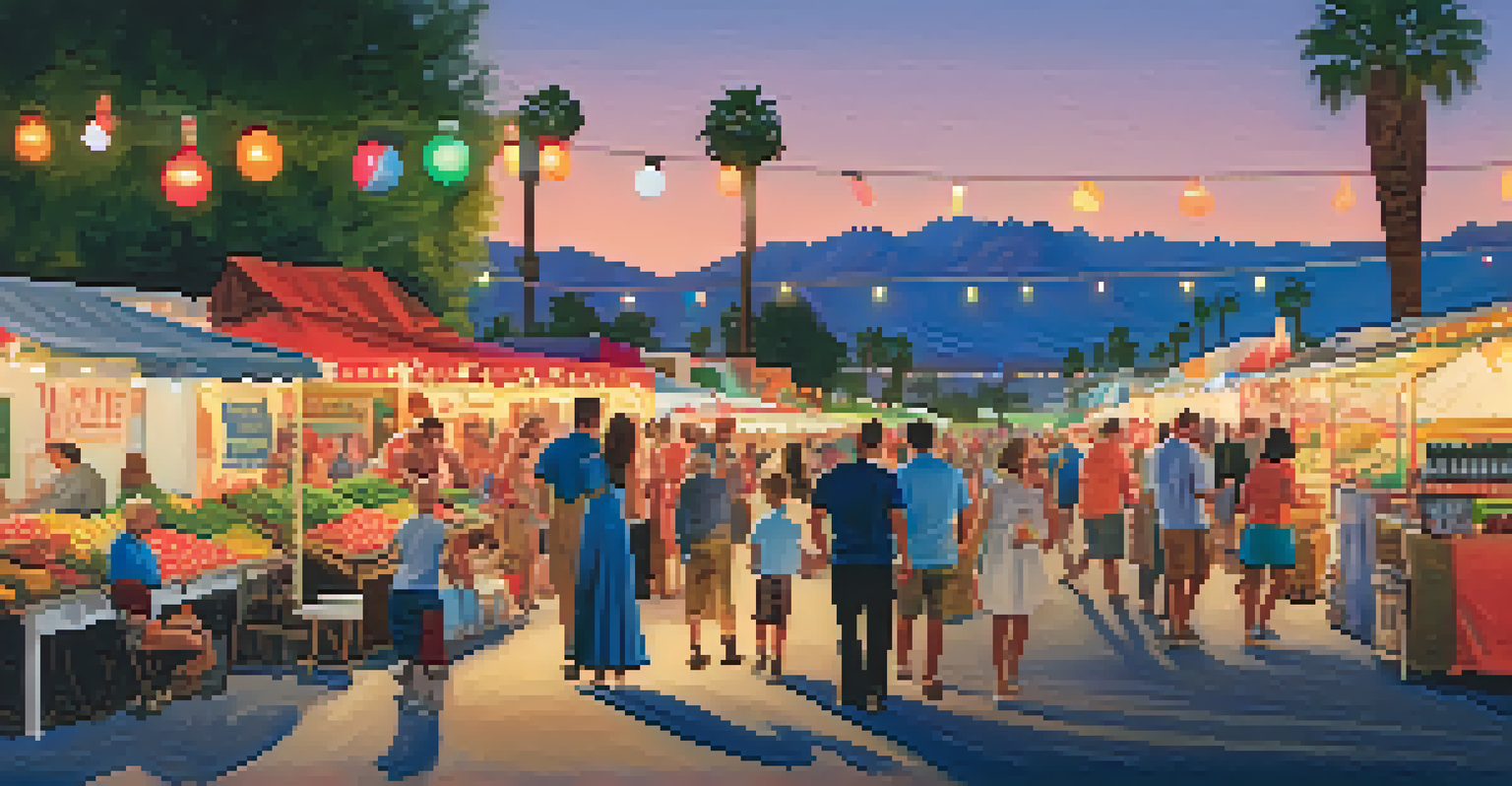 A family at the VillageFest in Palm Springs during twilight, surrounded by colorful market stalls, food trucks, and vibrant lights.