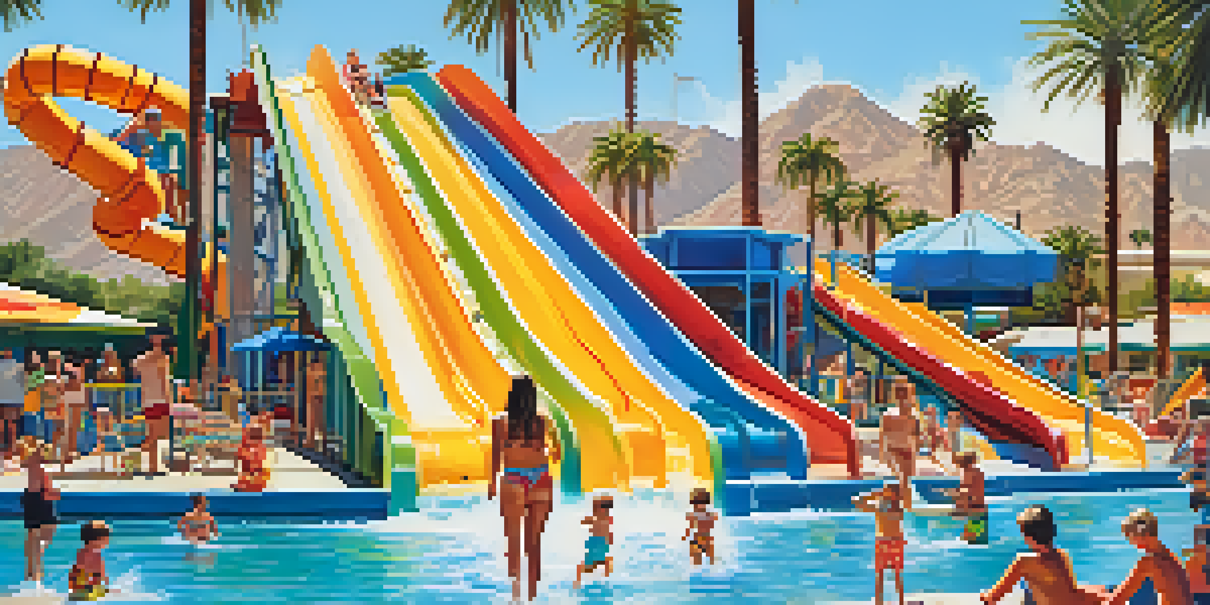 Families having fun at a water park with children on water slides and parents lounging nearby.