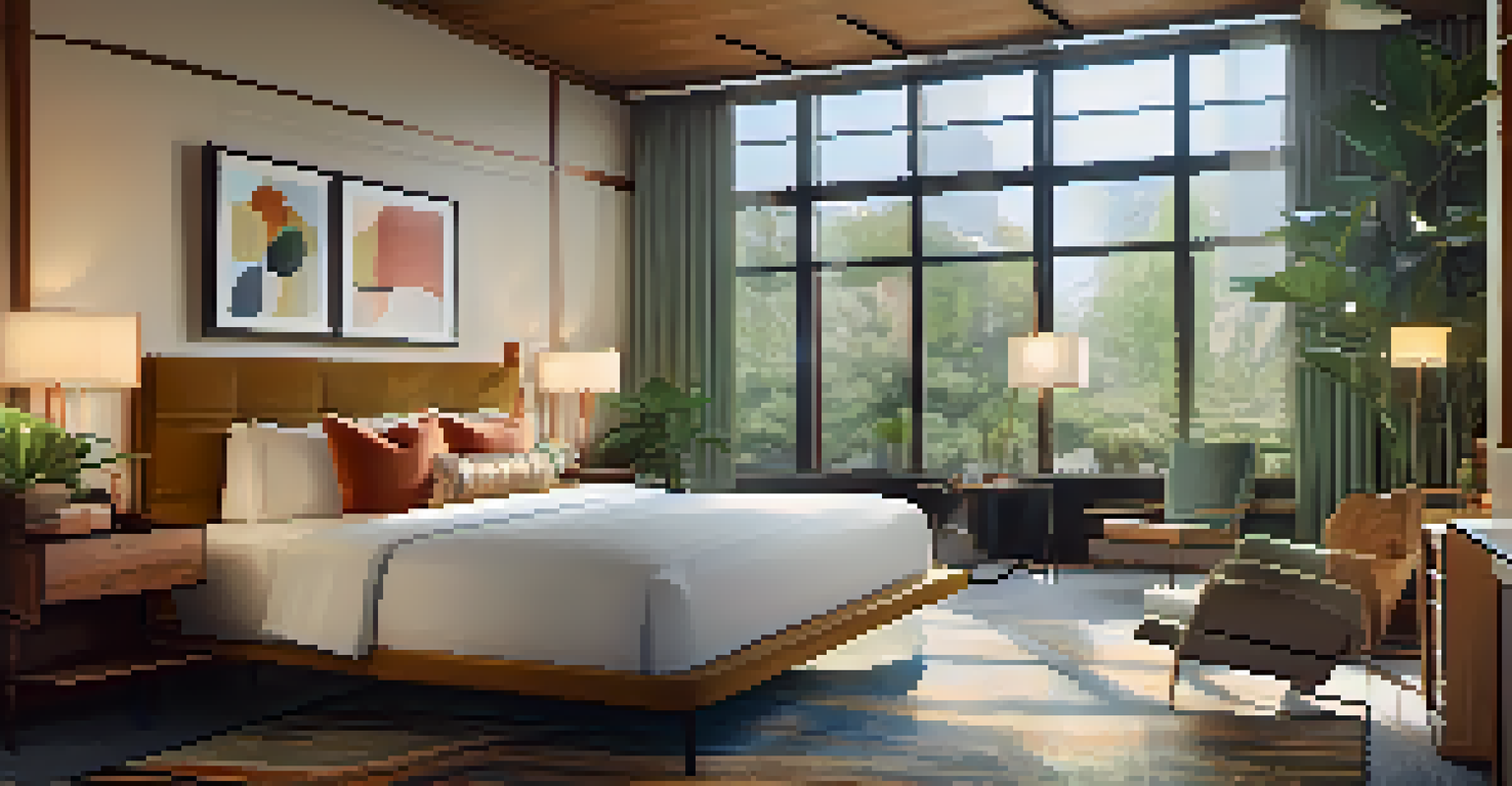 A stylish boutique hotel room with retro furnishings and modern amenities, bathed in soft natural light from large windows.